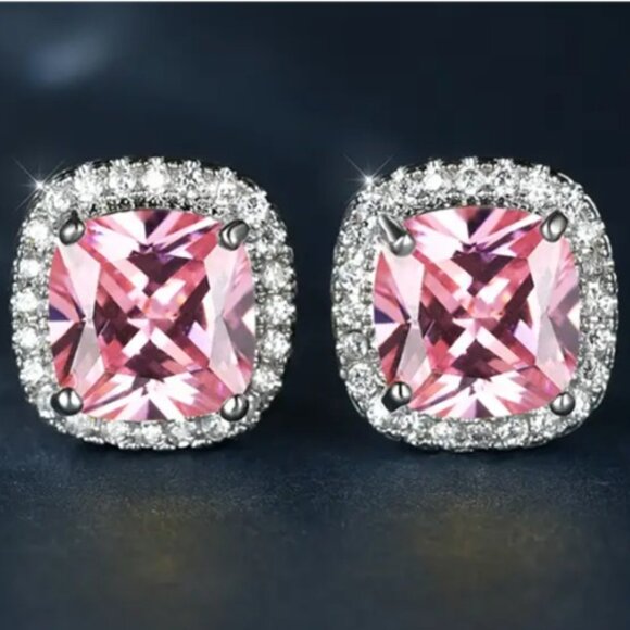 Elegant 1.3 Carat Princess Cut Pink Lab Created Cubic Zirconia Stud Earrings - Picture 1 of 4